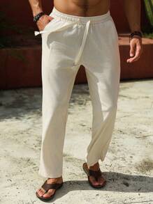 Manfinity RSRT Quần dài nam dáng rộng thoải mái, cạp rút dây màu trơn - Màu be - Xem 8