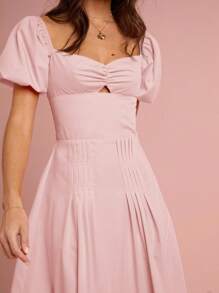 Enchnt 女式度假风格纯色锁眼领泡泡袖胸前褶皱连衣裙 - 淺粉色 - 查看 2