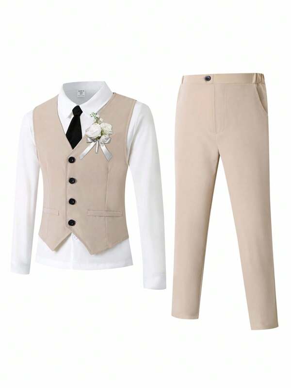 SHEIN 2 piezas Conjunto de traje ajustado de estilo coreano para niño preadolescente, con chaleco y pantalones para primavera/verano, boda, fiesta, recital de piano, anfitrión