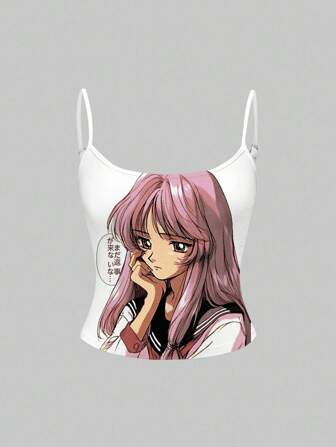 Anime Top holgado estampado con eslogan japonés Vintage Manga Style Kawaii rosa para adolescentes, estilo campus callejero emo sexy