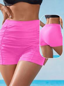 Swim Lushoire Women's Black Ruched High Waisted Slimming Butt Lifting Bikini Bottom Swimsuit, Suitable For Vacation, Beach In Spring/Summer - Pink - View 2
