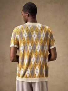 AKNOTIC Business Casual Áo thun nam tay ngắn dệt kim, dáng rộng, mặc hàng ngày, mặc mùa hè, họa tiết hình học Argyle, mặc đi nghỉ mát cho nam thập niên 70 - Màu Khaki - Xem 6