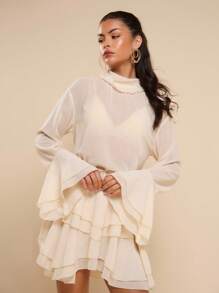 Women's Elegant Vacation Transparent Ruffle Hem Short Dress, Four Seasons - Apricot - View 4