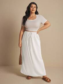 Elaquor Ropa de mujer talla grande de otoño, falda sólida simple con cordón en la cintura para mujer