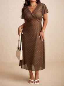 Elaquor 大码女式夏季复古简约浪漫扭纹V领波点连衣裙 - 棕色 - 查看 3