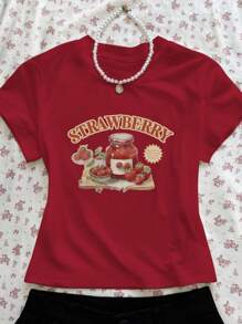 Chiquease Women's Casual Strawberry & Letter Print Short Sleeve T-Shirt, Summer Graphic Tees Women Tops, Christmas