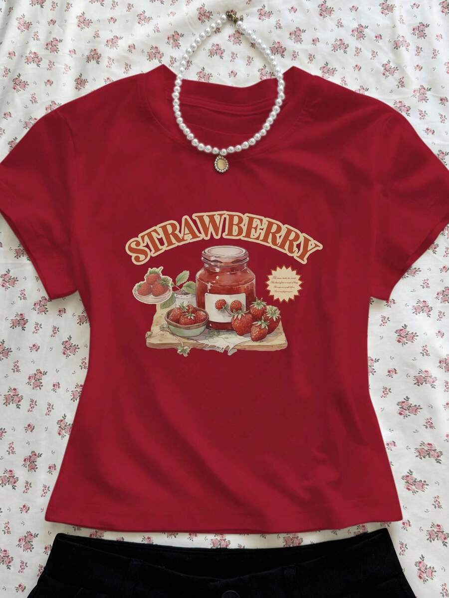 Chiquease Women's Casual Strawberry & Letter Print Short Sleeve T-Shirt, Summer Graphic Tees Women Tops, Christmas