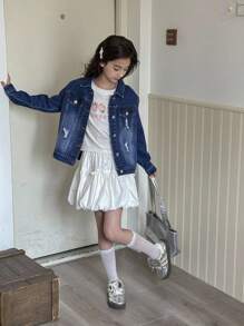 Sparklyn 青少年女孩街头风格破洞细节舒适水洗牛仔夹克，百搭时尚，全年必备单品