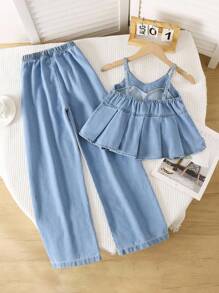 Girl Sleeveless 2-Piece Set, New Summer Fashion Ruffled Crop Top Paired With Straight Leg Denim Jeans Pants, Casual Youth Outfit - Light Wash - View 2