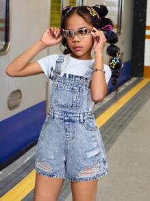 SHEIN 女童夏季海滩波西米亚风浅色水洗斜口袋牛仔连体裤（不含T恤）、女童夏季休闲演唱会狂欢装毕业装、日常穿着、女童牛仔连体裤、女童牛仔背带裤、儿童酸洗牛仔背带裤、女童做旧牛仔背带裤