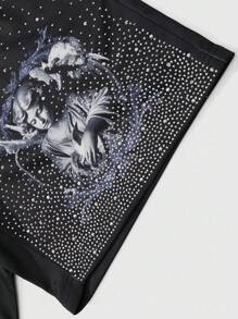 ROMWE MEN Street Life Quần short thời trang nam nữ cạp chun đính đá và thiên thần, phong cách đường phố - màu đen - Xem 5