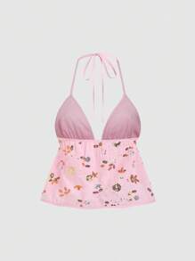 SHEIN Unity 女式新款串珠刺绣露背系带蝴蝶结装饰可调节肩带性感短款上衣，适合海滩度假，春夏季 - 粉色 - 查看 2