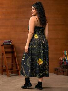 HARRY POTTER X SHEIN Plus Size Retro Allover Print Cinched Waist Cami Midi Dress, Summer Marauders Map Dress Celestial Dress Black Dress Sun Dress - Black - View 6