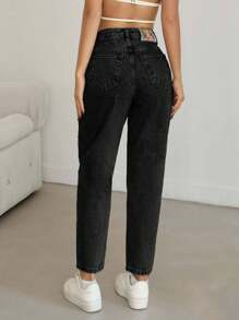 EURMUSE WOMEN HIGH WAIST MOM JEAN WITH BACK LABEL DETAIL CASUAL - Hitam - View 2