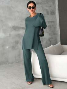 SHEIN Cottnline Cotton Solid Split Hem Tee & Flare Leg Pants - Olive Green - View 3