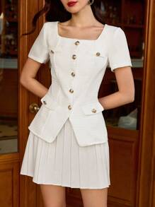 Vintamour Vintage Retro Elegant Women Metal Button Decor Square Collar Short Sleeve Casual Blazer Work Vacation Summers For Women Vacations Woman Business Casual Woman Going Out Tops Women Vacations Women Country Concert Birthdays For Women Offices For Women School Clothes Teachers For Women Whites For Women Button Up Shirt Women Churchs Women Fall Festivals For Women