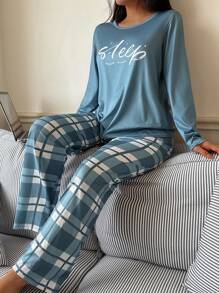 SHEIN 女士舒适针织睡衣套装，圆领设计，时尚格子印花，秋冬必备单品 - 彩色 - 查看 6