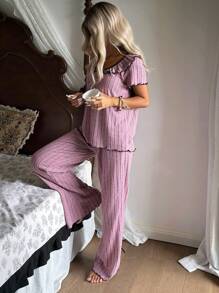 SHEIN 女士休闲舒适睡衣套装，带荷叶边、短袖和长裤 - 淡紫色 - 查看 4