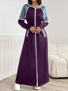 Modelyn 女式休闲撞色滚边斜口袋拉链前连帽阿拉伯简约长袖连衣裙运动连帽连衣裙 - 紫色 - 查看 3