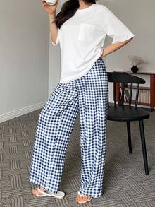 DAZY 简约圆领 T 恤上衣和格子裤两件套家居服套装睡衣 - 藍白色 - 查看 6