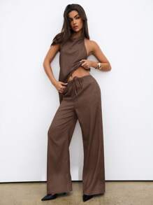 Aloruh 复古亚麻通勤露背上衣和裤子套装 - 棕色 - 查看 7