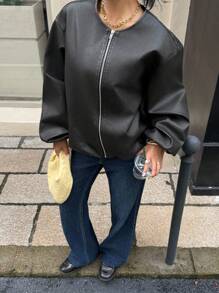 Muchica 秋冬女士仿旧仿皮花卉飞行员夹克 - 黑色 - 查看 6