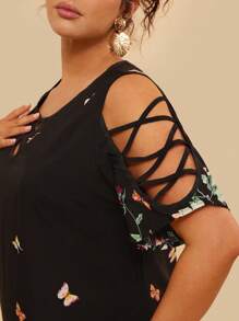 SHEIN VCAY Plus Size Boho Sukienka Mini Z Odkrytymi Ramionami I Krótkim Rękawem Z Kwiatowym Nadrukiem, Na Lato - Wielokolorowe - Zobacz 3