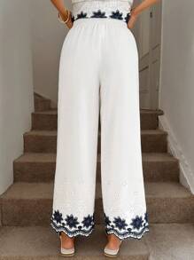 SHEIN LUNE 教师闪亮雪纺飘逸舒适夏季裤子，松紧腰带，适合浪漫假期和日常穿着西部波西米亚风全白派对返校教师涤纶女裤甜美裤宽松裤 - 杏色 - 查看 6