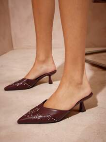 SHUZIA Women Comfortable Pointy Toe Kitten Heel Mules With Eyelet Decors - Burgundy - View 1