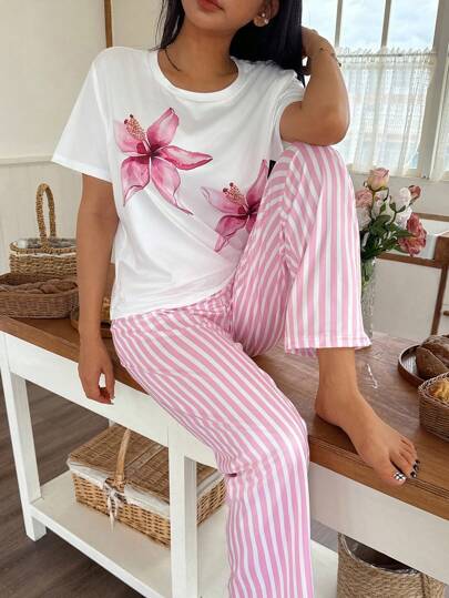 Women Girls Bloemen Print Short Sleeve Top Gestreepte Long Pants Pajama Set, Sets Lounge Pyjama Set Roze view 4