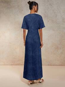 COSMINA Women's Fashionable Waist Cinched Long Dress, Work Commute Wear - Blue - View 2