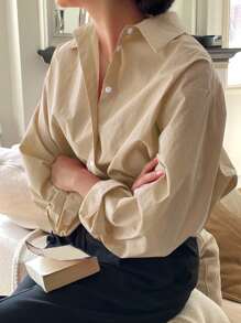 DAZY 女式纯色长袖单排扣休闲办公室衬衫 - 杏色 - 查看 5