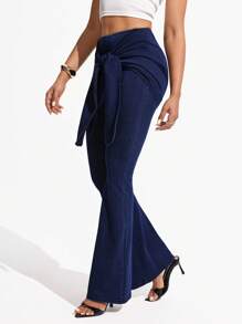 SHEIN Essnce Women's Slim Fit Elastic High Waist Flared 2 In 1 All Season Denim Pants - Blue - View 5