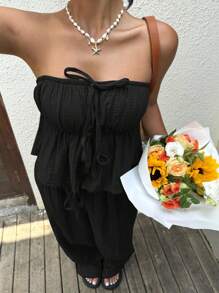 SHEIN EZwear 女士夏季黑色编织休闲度假褶饰结带上衣和宽松阔腿裤套装 - 黑色 - 查看 3