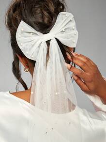 MISSGUIDED Pearl Embellished Tulle Bow Hair Clip Bridal Wedding Formal Occasion Hair Accessory Elegant Mesh Ribbon Barrette