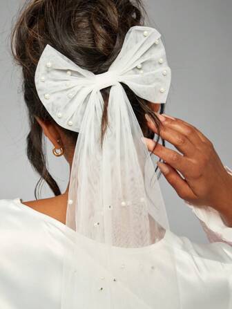 MISSGUIDED Perlenbestickter Tüll-Bogen Haarclip für Braut, Hochzeit, festliche Anlässe, elegantes Netz-Schleifenbarrette als Haaraccessoire