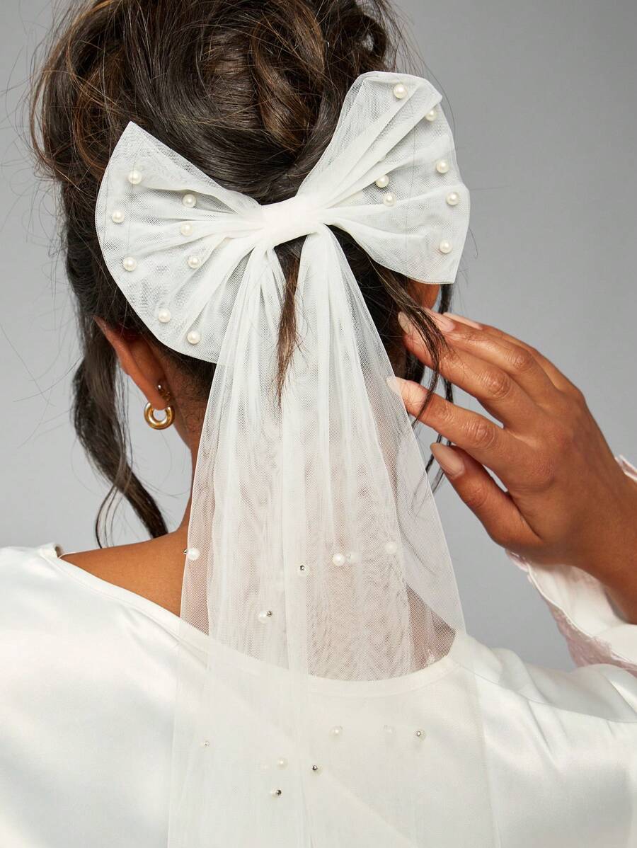 MISSGUIDED Pearl Embellished Tulle Bow Hair Clip Bridal Wedding Formal Occasion Hair Accessory Elegant Mesh Ribbon Barrette
