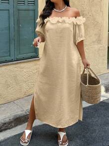 SHEIN Clasi Vestido de talla grande con hombros descubiertos, abertura lateral y dobladillo con volantes de unicolor - Caqui - Ver 5
