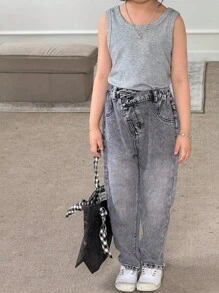 SHEIN Young Girl 4-Piece Set Barrel Baggy Jeans, Asymmetric Elastic Waistband, Button Closure, Casual Simple All-Match College Style, Versatile Must-Have For Moms All Year Round - Multicolor - View 6