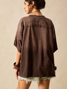 Easelle Women's Fashion Boho Round Neck Batwing Sleeve Coffee Brown Knit T-Shirts With Print For Summer Outfits Western Nomadic Graphic Tees