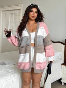 SHEIN EZwear Cárdigan casual con bloques de color abierto, talla grande, para primavera y otoño