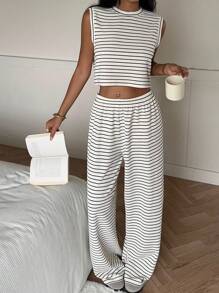 CovetEZ Ensemble 2 pièces pour femmes, Top de débardeur rayé et pantalon, décontracté