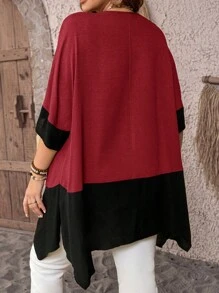 EMERY ROSE Blus Wanita Ukuran Besar Warna Burgundy dengan Jahitan Kontras, Kemeja Kasual Elegan Musim Gugur, Leher Bulat, Lengan Pendek, Longgar, Hem Asimetris, Belahan Samping, untuk Sehari-hari - Merah - View 2