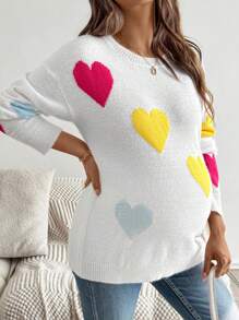 SHEIN Pregnant Women Heart Pattern Round Neck Drop Shoulder Casual Everyday Sweater Fall Winter Clothes Maternity Sweater - Multicolor - View 5