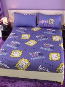 FRIENDS X SHEIN 1 pieza Sábana ajustada con estampado de personajes de dibujos animados y letras, color morado, material suave, se ajusta a varios tamaños de cama, cálida y lavable a máquina