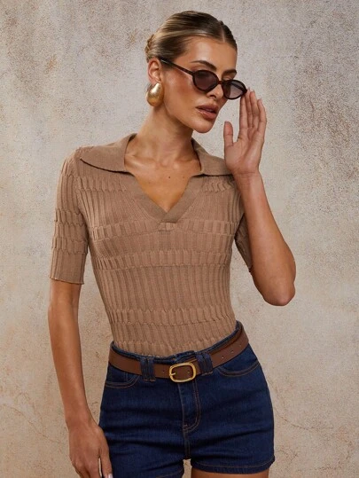 COSMINA 女士休闲纯色短袖针织上衣，秋冬；外出装；基本款上衣