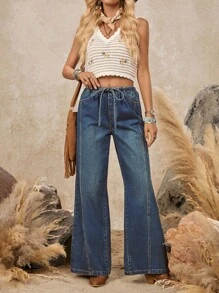 LanaWest 女式休闲日常水洗抽绳腰阔腿牛仔裤 - 深色水洗藍 - 查看 4