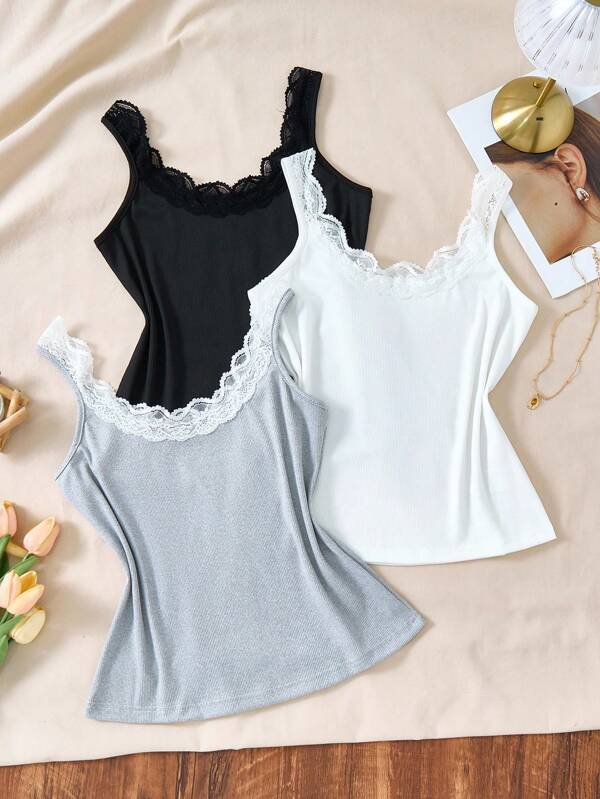 3 pièces Ensemble de pyjama simple et décontracté pour femme avec garniture en dentelle