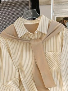 INAWLY Women's Striped Long Sleeve Single-Breasted Casual Pocket Shirt For Autumn