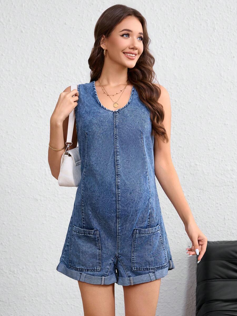 SHEIN Maternity Solid Color Round Neck Sleeveless Denim Romper, Autumn